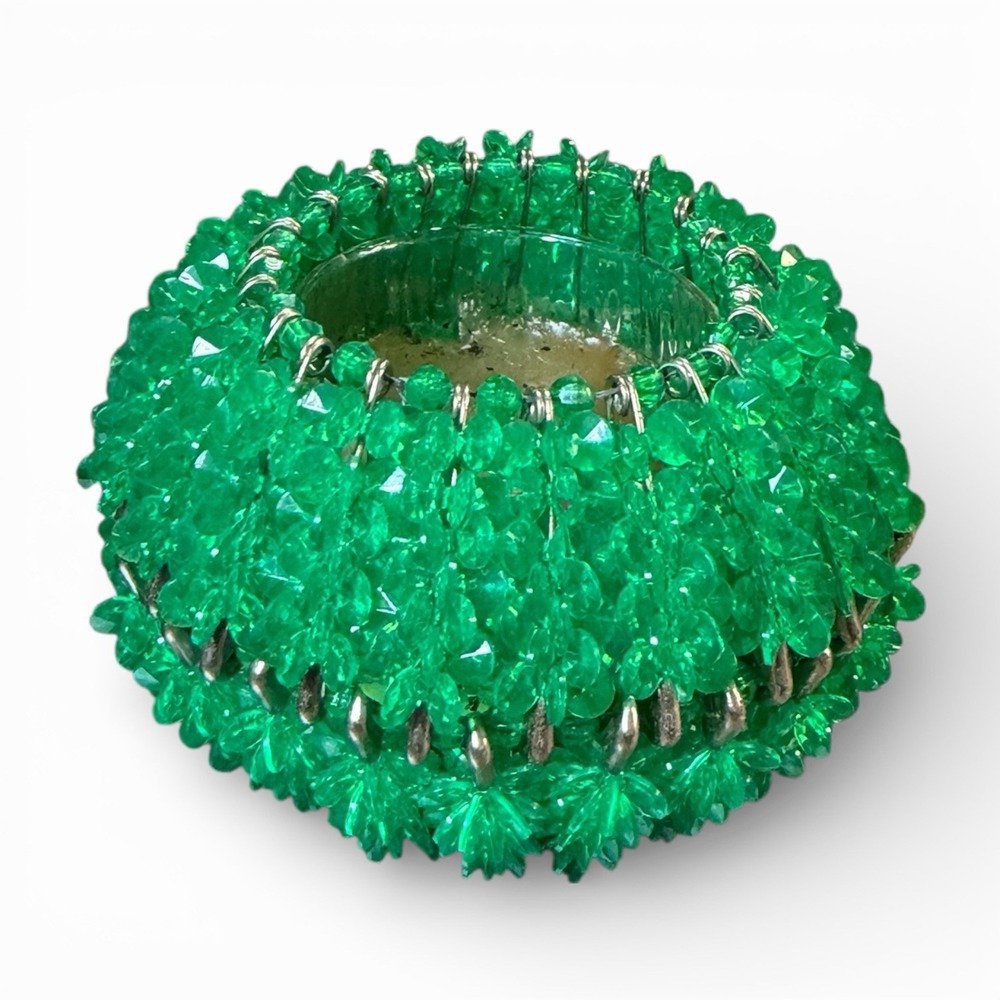 Vintage Handmade Green Beaded Safety Pin Candle Holder 3" Opening‎